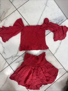 Blue Life Red Smocked Off-Shoulder Top and Skirt Set